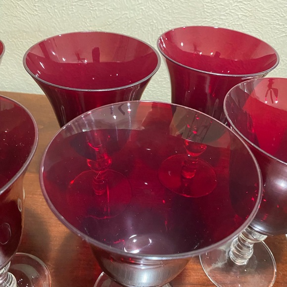 Vintage, Set of 6, Ruby Red Bell Shaped Goblets with Clear Stems and Bases - Picture 6 of 7
